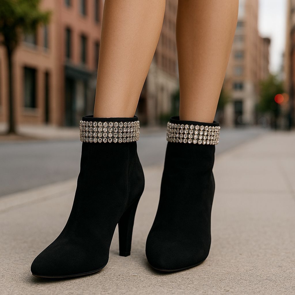 N Y & C  Black Suede Ankle Boots with Rhinestone Detail Misses A Few Rhinestone